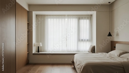 Minimalist bedroom with wooden flooring, large window, and neutral tones