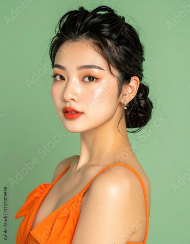 Elegant Asian Woman in Orange Dress with Sleek Updo on Green Background