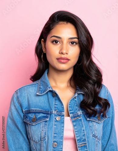 Confident woman wearing blue jean jacket against pink wall