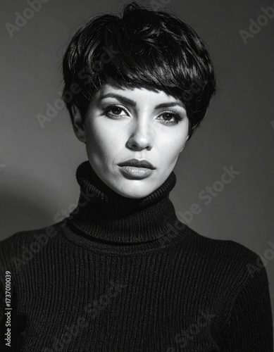 Moody Monochrome Female Portrait in Turtleneck Sweater