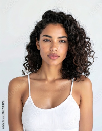 Fashion Model with Natural Curly Hair in White Outfit Minimalist Portrait