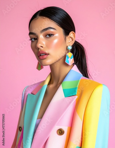 Stylish woman in multicolor blazer and bold earrings posing on pink backdrop