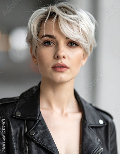 Trendy Woman with Short Blonde Hair in Black Leather Jacket