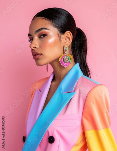 Fashion portrait of elegant woman in colorful pastel blazer with statement earrings on pink background