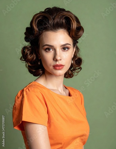 Vintage Portrait of a Woman with Retro Curly Hairstyle in Orange Dress