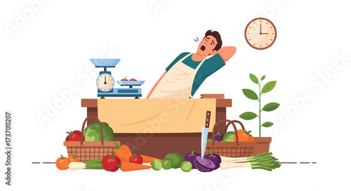 Tired Grocer Yawns Beside Fresh Produce and a Clock Indicating Late Hours.