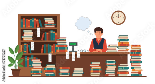 A Bookstore Scene Depicting a Bookseller Surrounded by Books and Time.