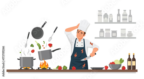 Stressed chef with messy apron flying food and kitchen utensils chaos.