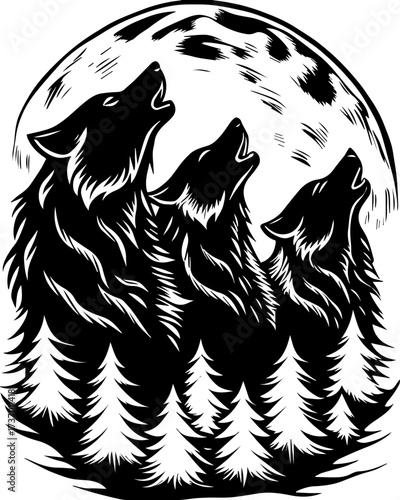SVG skull tattoo design in a Halloween dark warrior style. Three Howling Wolves Silhouette Under Full Moon with Pine Trees