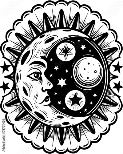 SVG skull tattoo design in a Halloween dark warrior style. Celestial Moon and Sun Illustration with Stars and Planets Design