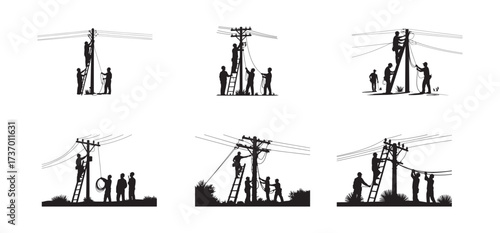 Linemen Working on Power Lines Silhouette Vector, Electrical Utility Workers Clip art.