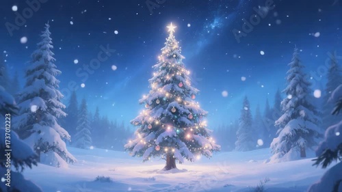 Wallpaper Mural Sparkling Christmas tree in a peaceful, snow-covered forest under a starlit winter sky. Beautiful festive holiday scene. Torontodigital.ca