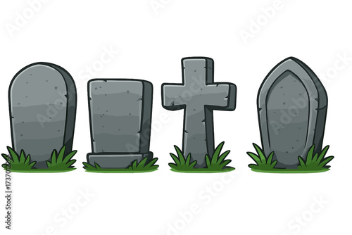 Cartoon tombstone set. Gravestone collection for Halloween design. Grave markers, headstones, and cross illustration. Cemetery or graveyard elements. Spooky death memorial vector.