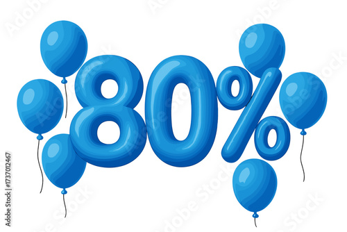 80 percent off discount sale banner. Creative 3D composition of blue balloons. Eighty percent bonus symbol for mega sale poster on transparent background. Promotion and offer.