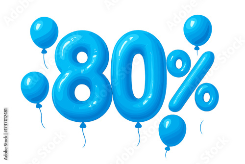 80 percent off. Discount creative composition blue balloons. 3d mega sale eighty percent bonus symbol. Isolated transparent background. Sale banner poster. Number eighty.