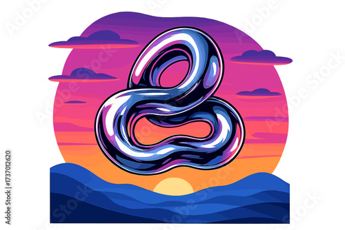 Abstract chrome shape over a vaporwave sunset landscape. Surreal 3D liquid metal object on a retro 80s background. Vector illustration with vibrant gradients and neon colors.