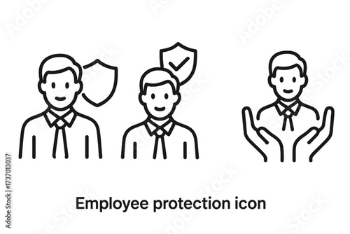 Employee protection line icon set. Concepts of worker safety, staff insurance, job security, and human resources. Business vector illustration for personnel benefits and care.
