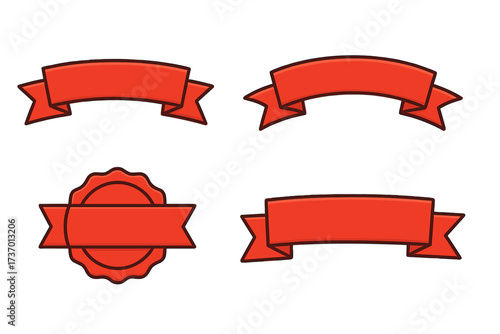 Red ribbon banner vector set for promotion and sale. Flat cartoon style label and tag collection. Best price, discount or offer sticker. Blank scroll and badge for text.