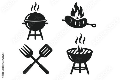 Barbecue icon set for logo design. BBQ grill silhouette collection. Vector elements for cookout party, picnic and restaurant menu. Sausage, fire, fork and spatula symbols.