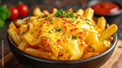 Golden Fries Drenched in Melted Cheese with Garnishes in a Black Bowl