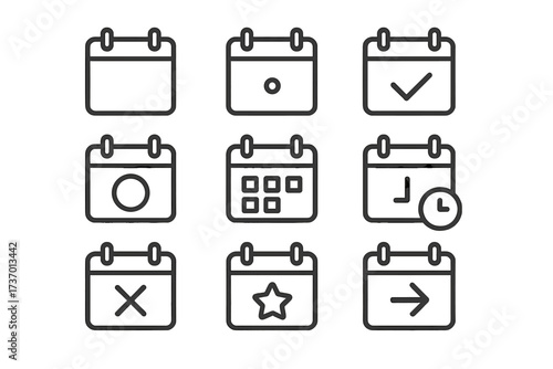Calendar icon set for schedule and time management. Vector line art symbols for date, event, deadline, and appointment. Editable stroke pictogram collection for web and app design.