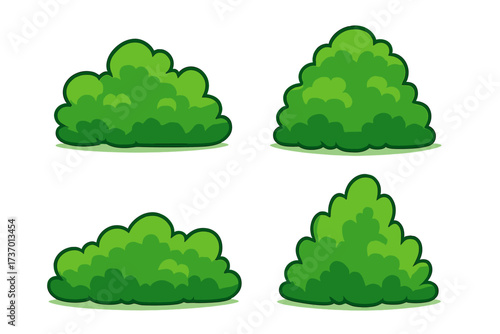 Cartoon bush and shrub icon set. Green foliage plant collection. Vector illustration for game design or landscape element. Natural park or garden vegetation asset isolated.