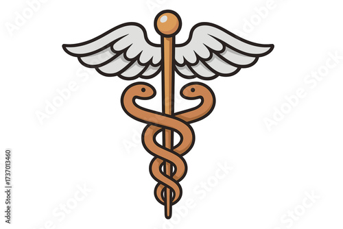 Caduceus medical symbol. Vector icon of medicine, health, and pharmacy. Staff of Hermes with two snakes and wings, used for doctors, hospitals, and emergency care illustration.