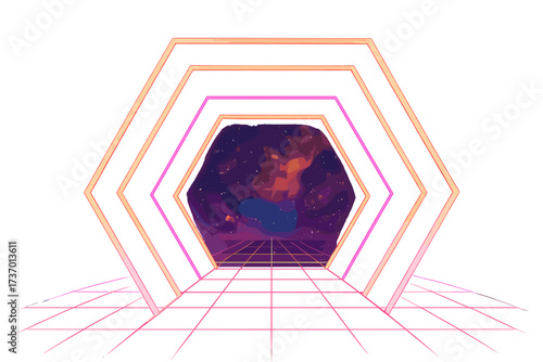 3D render of a hexagonal neon light tunnel. A futuristic portal on a vintage space background. Glowing lines in a virtual reality environment. Concept of synthwave and retrowave.
