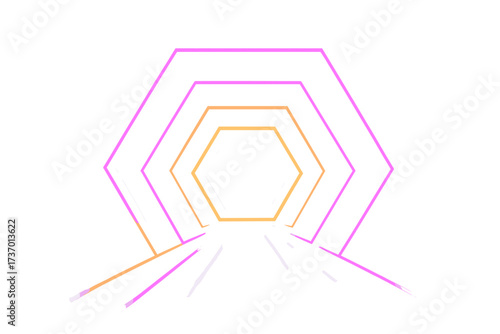 Futuristic hexagonal portal in virtual reality. Abstract 3D render of a tunnel with glowing pink, yellow, and violet neon light lines. Vibrant geometric frame background.