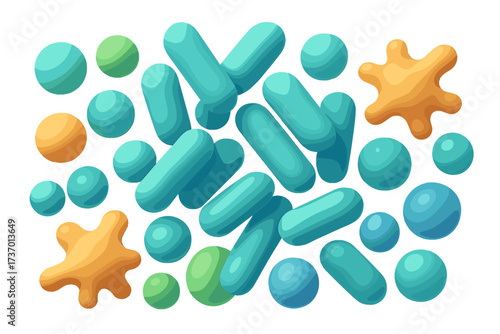 3D render microbiome abstract design. Probiotics concept. Lactic acid bacteria. Good microorganisms for gut and intestinal flora health. Healthy microflora, bifidobacterium vector.