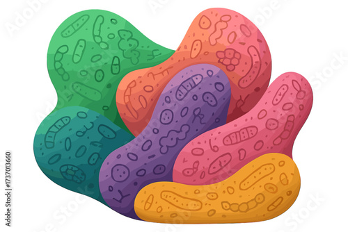 Microbiome abstract background with bacteria and probiotics. 3D vector illustration of gut flora for science or medical presentation. Healthy digestion and microorganisms concept.