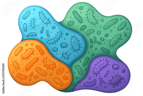 Microbiome abstract background with bacteria pattern. 3D vector illustration of gut flora, prebiotic, and probiotic organisms for science presentation. Medical microbiology concept.