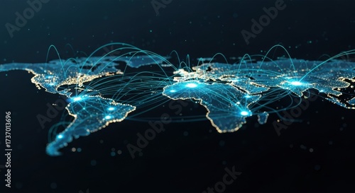 Global network connections spanning across the world, visualizing international business relationships and data flow in a modern, interconnected world