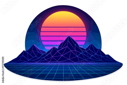 Vaporwave landscape with neon sunset and low poly mountains. Retrowave 80s futuristic background with digital grid. Synthwave vector illustration for sci-fi cyber world.