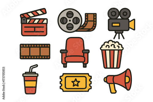 Cinema icons set. Movie making and entertainment symbols. Film production collection with camera, clapperboard, popcorn, ticket, film reel. Flat cartoon vector illustration pack.