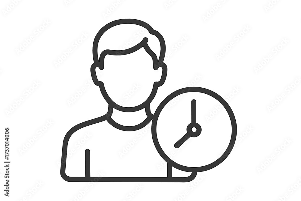 Obraz premium Time management icon. Person holding a clock symbol. Concept for schedule, deadline, appointment, and work hours. User avatar for punctuality and productivity. Vector linear style.