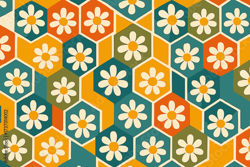 Colorful 70s retro floral seamless pattern. Vintage mid-century modern geometric background with daisy flowers and hexagonal tiles. Groovy hippie flat vector illustration.