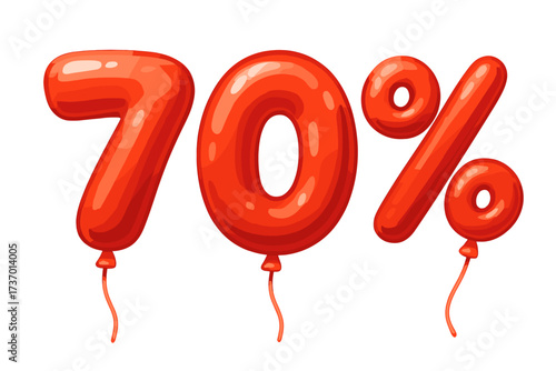 Seventy percent off discount. 70% sale red balloons in 3D cartoon style. Vector illustration for seasonal shopping promo, advertisement, tag, offer label. Number design.