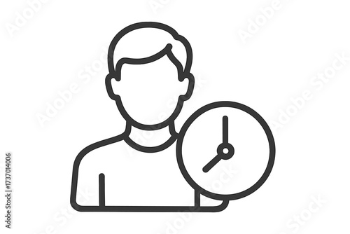 Time management icon. Person holding a clock symbol. Concept for schedule, deadline, appointment, and work hours. User avatar for punctuality and productivity. Vector linear style.