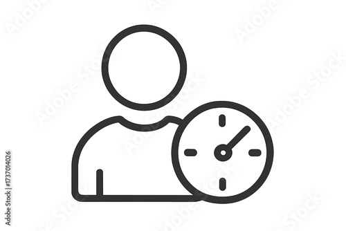 Time management icon. User with clock symbol. Employee work hours concept. Personal schedule and availability sign. Deadline and productivity metaphor. Punctuality and time tracking.