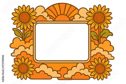 Groovy 70s retro frame with sunflowers and sun. Psychedelic vintage vector background for text. Hippie summer poster, sticker or t-shirt print. Funky flower power template.