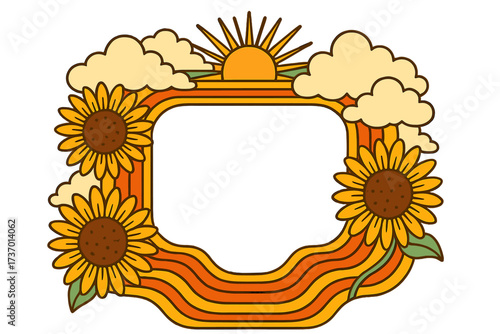 Groovy 70s retro frame with sunflowers and sun. Psychedelic summer background for text. Vintage hippie sign for t-shirt, poster, sticker. Funky contour vector design.