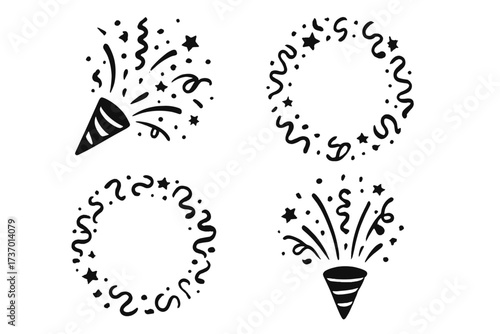 Confetti popper burst vector icon set. Party celebration elements with streamers and stars. Circle frames for festive design. Black silhouette graphics for birthday, new year.