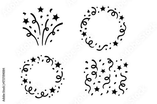 Set of celebration doodle elements. Hand drawn confetti burst, firework popper, star frames and streamer pattern. Black silhouette icons for party, birthday, new year design.