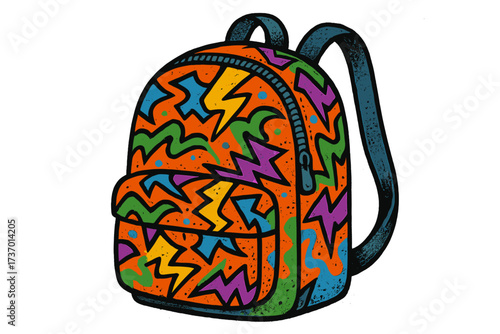 90s urban graffiti backpack isolated on white. Textured vector cartoon for back to school. Retro hip hop street art style. Colorful pop art rucksack with abstract pattern.