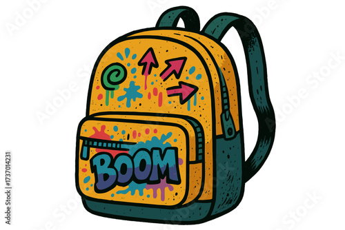90s urban graffiti backpack isolated. Textured vector cartoon illustration for back to school. Retro street art rucksack with 'BOOM' text. Hip hop style student bag concept.