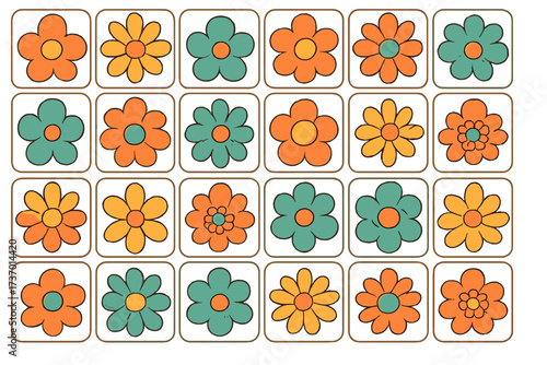 Retro floral seamless pattern with groovy hippie flowers. Abstract geometric tiles in 60s and 70s style. Colorful flat vector background. Vintage flower power aesthetic cartoon.