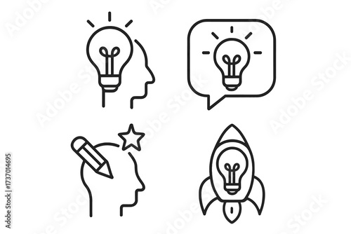 Creative idea icon set. Innovation, inspiration, and startup concept. Brainstorming, solution, and thinking line icons. Light bulb, head, rocket, and pencil symbols.