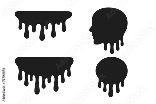 Set of black dripping liquid shapes and a melting head silhouette. Vector illustration concept for mental health, stress, burnout, depression, psychology. Dripping paint, ink fluid.