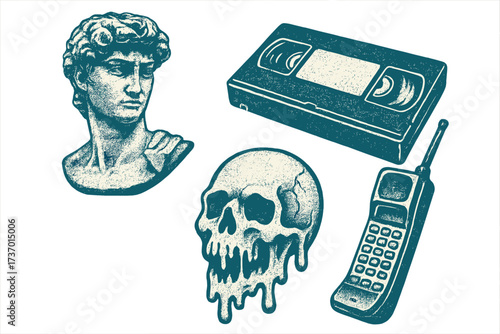 Cool y2k elements set with retro photocopy effect. Trendy grungy antique David statue, VHS video cassette, melted skull, and old cellphone for brutalist graphic design.